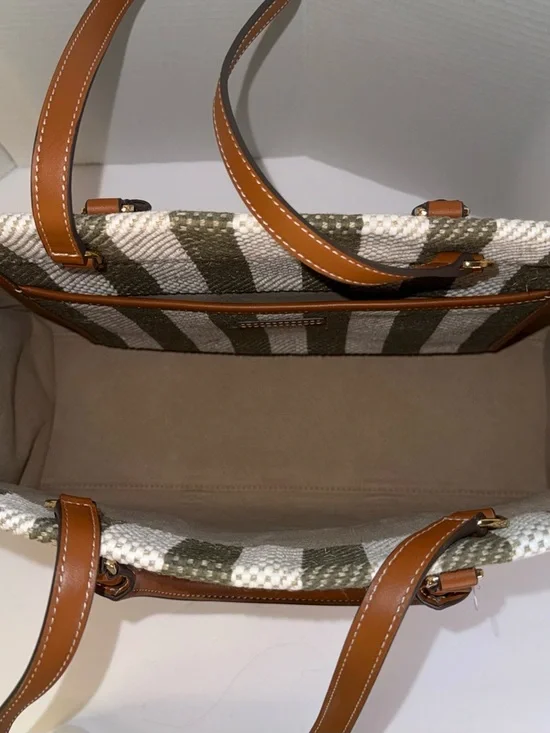 Tory Burch Blake Grove Green & White Striped Canvas Tote Cognac Leather Trim - Picture 8 of 14